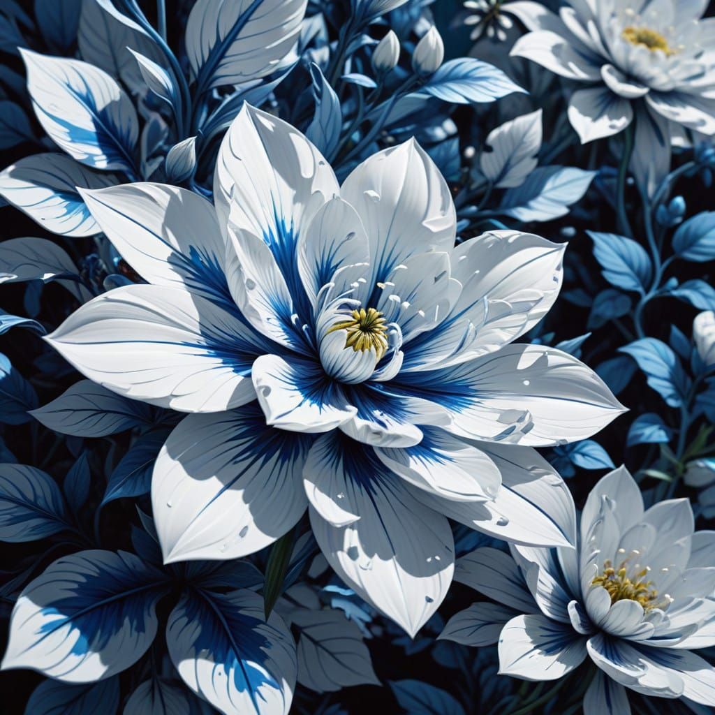 Vibrant Blue Flower Blooms in Hyperrealistic Abstract Art