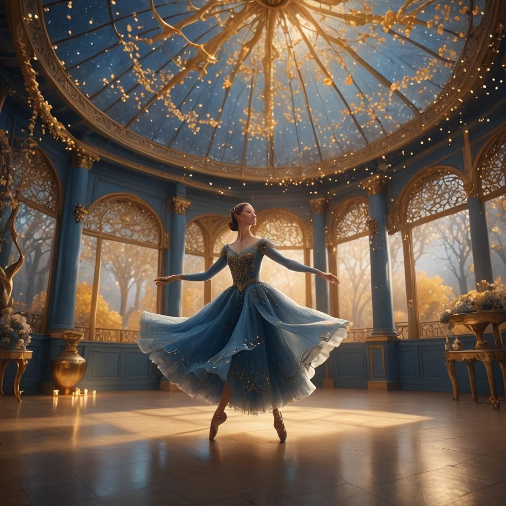 Ballerina Dances Under Golden Tree in Fantasy Pavilion