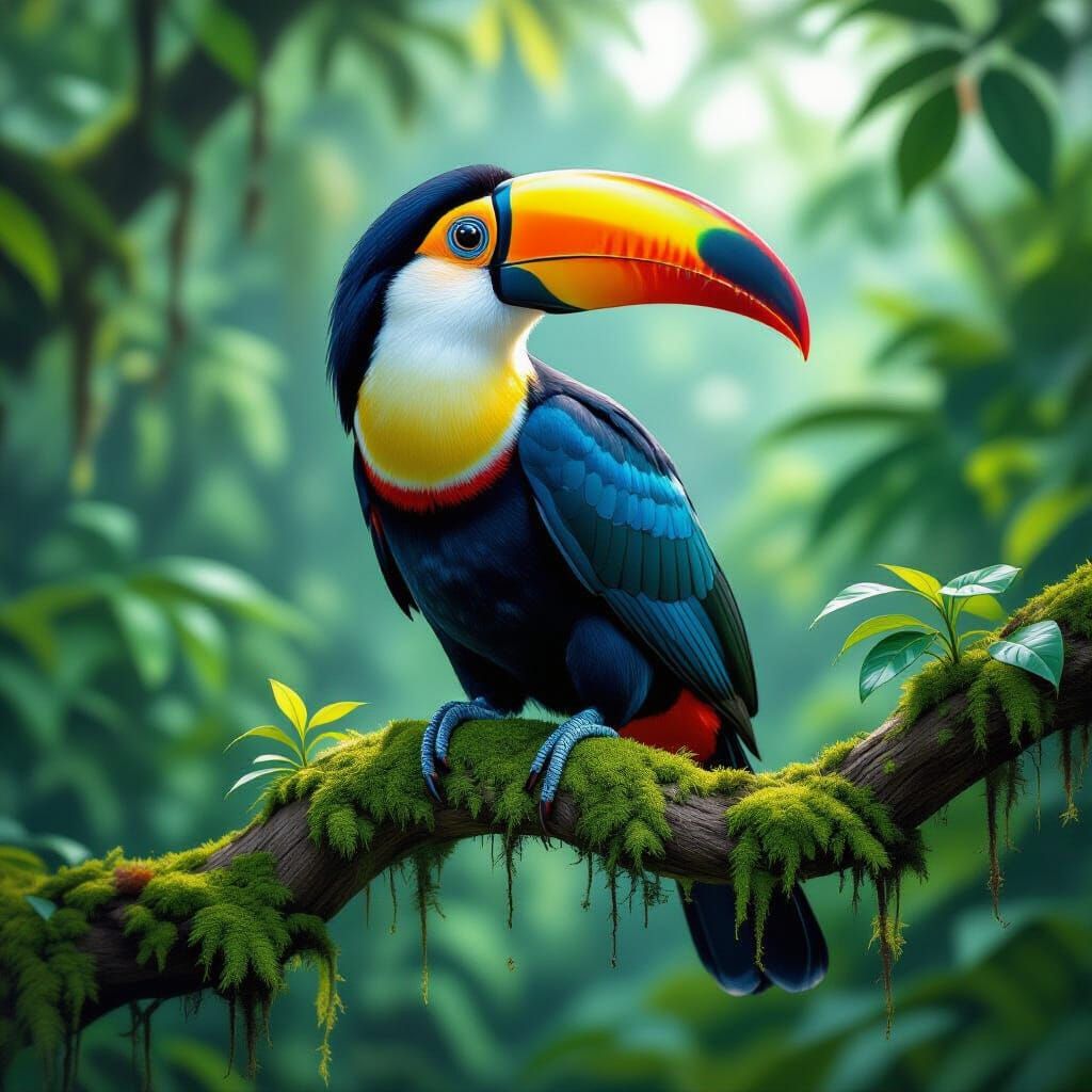 Colorful Toucan in Jungle, Hyperrealistic Digital Art