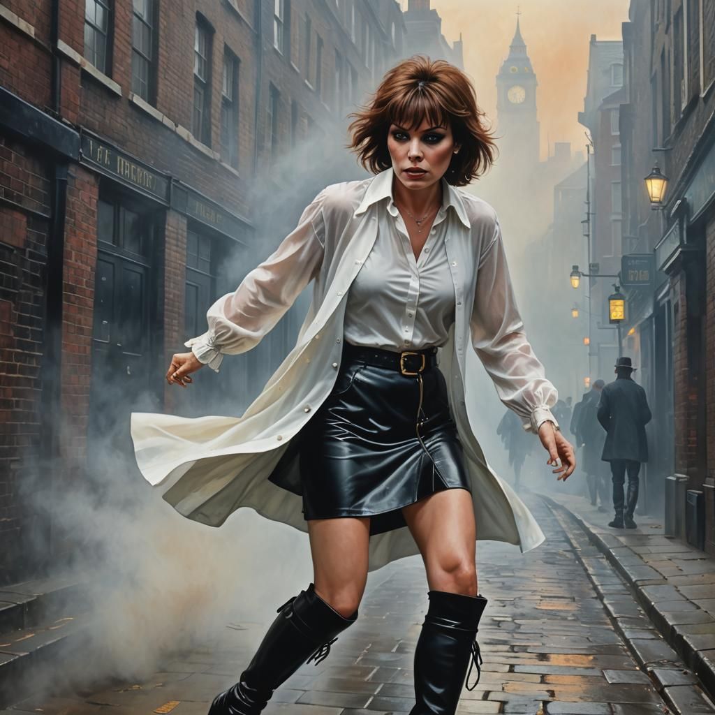 Woman Searches Foggy London: Hyperrealistic Concept Art