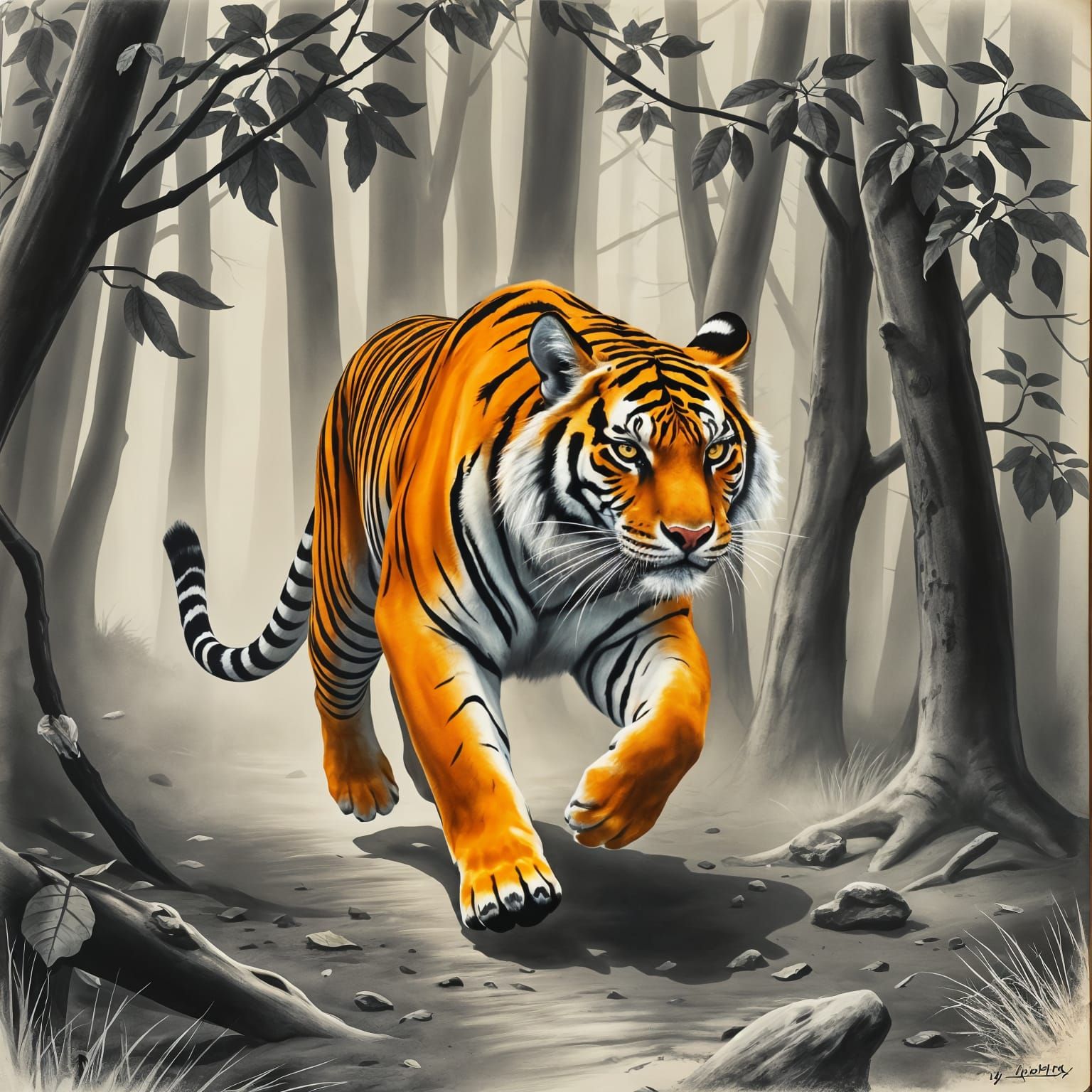Elegant Tiger in Charcoal Forest Landscape