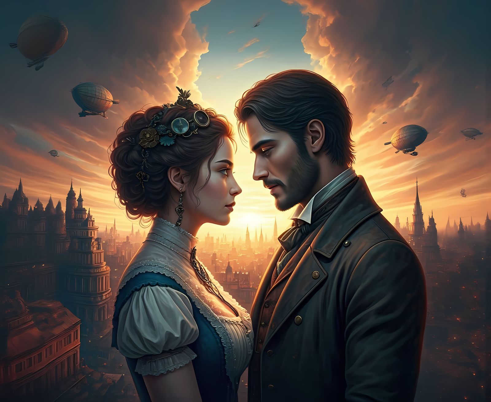 Victorian Steampunk Couple in Romantic Sunset Scene