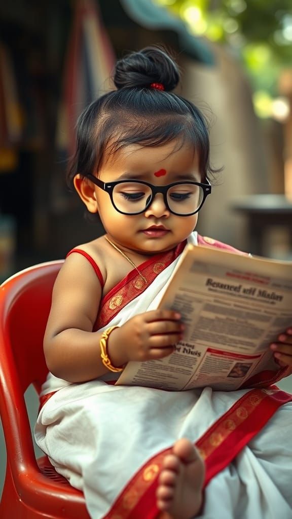 Bengali Baby Girl Reading Newspaper in Village Setting