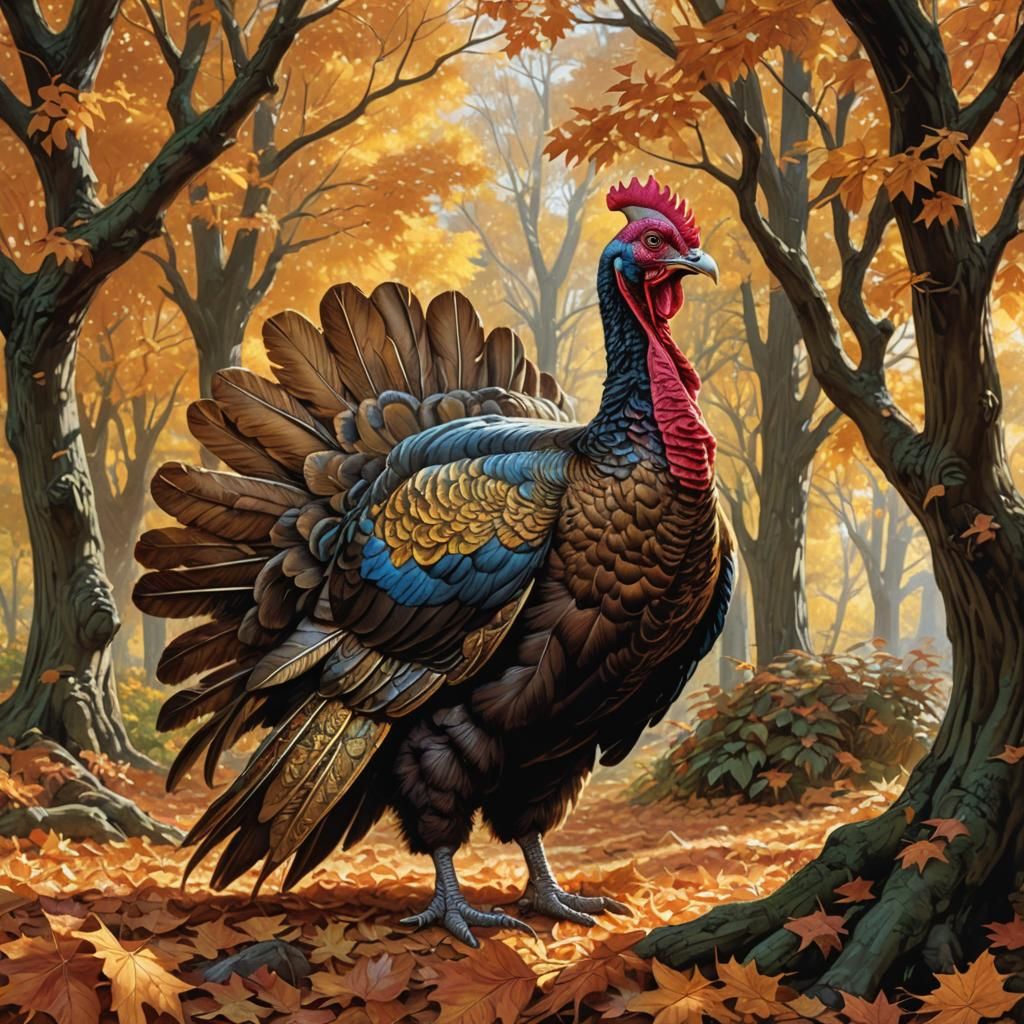 Prize Turkey Shimmers Beneath Autumn Canopy