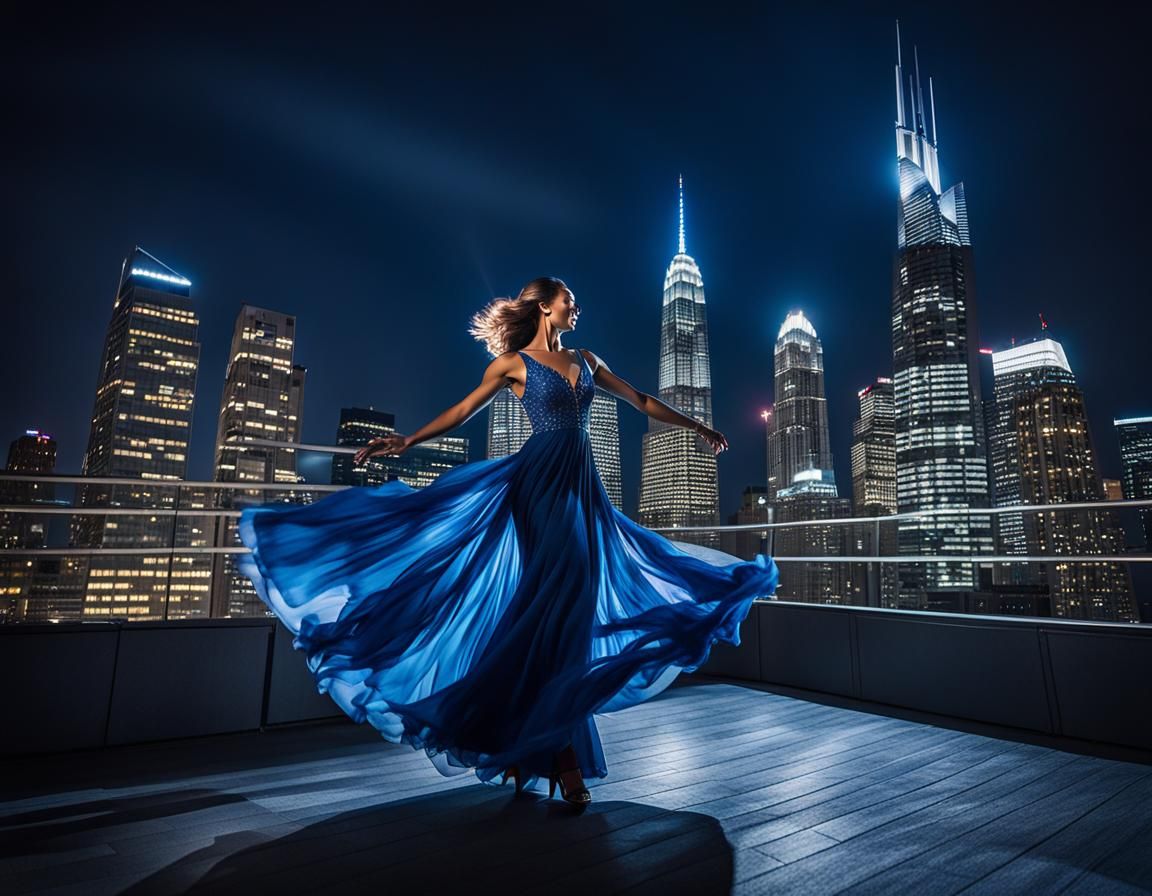 Woman Dancing on Rooftop in City Lights