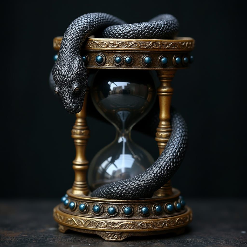 Serpent Entwines Ancient Brass Hourglass in Obsidian Scales