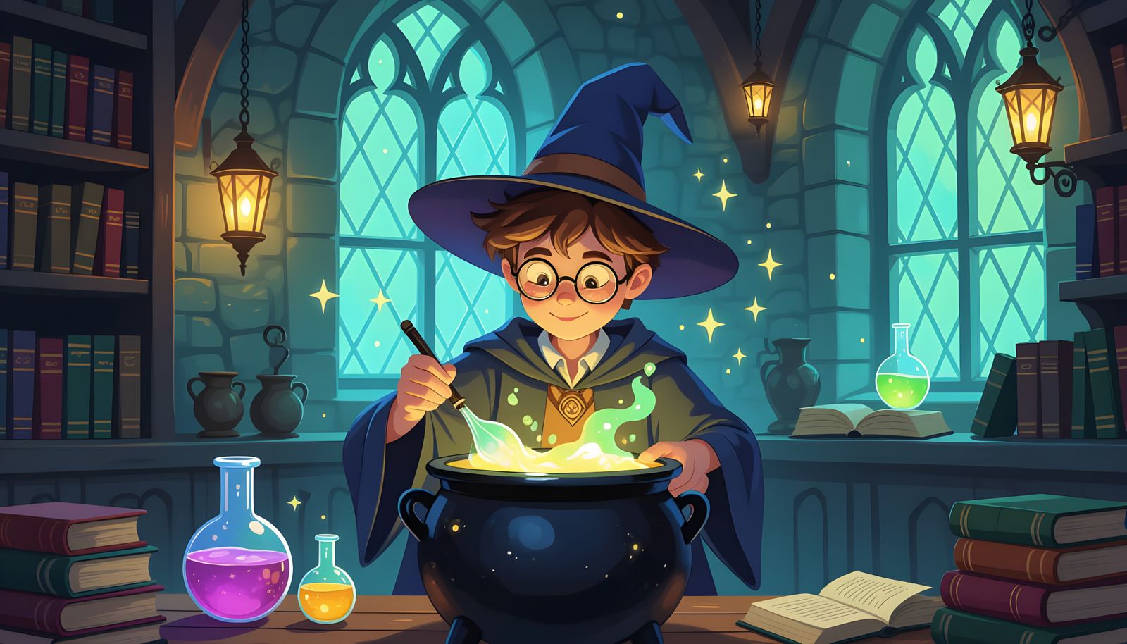 Wizard Student Stirs Potion in Class Cauldron