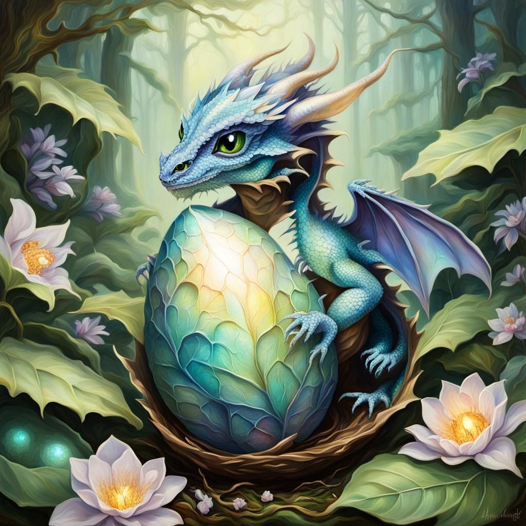 Baby Dragon Emerges in a Forest, Hyperrealistic Art