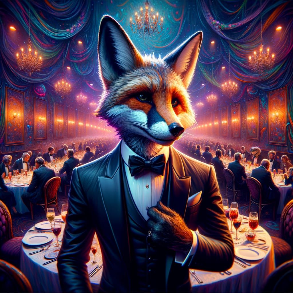Stylish Fox in Tuxedo at Dinner Party Matte Painting
