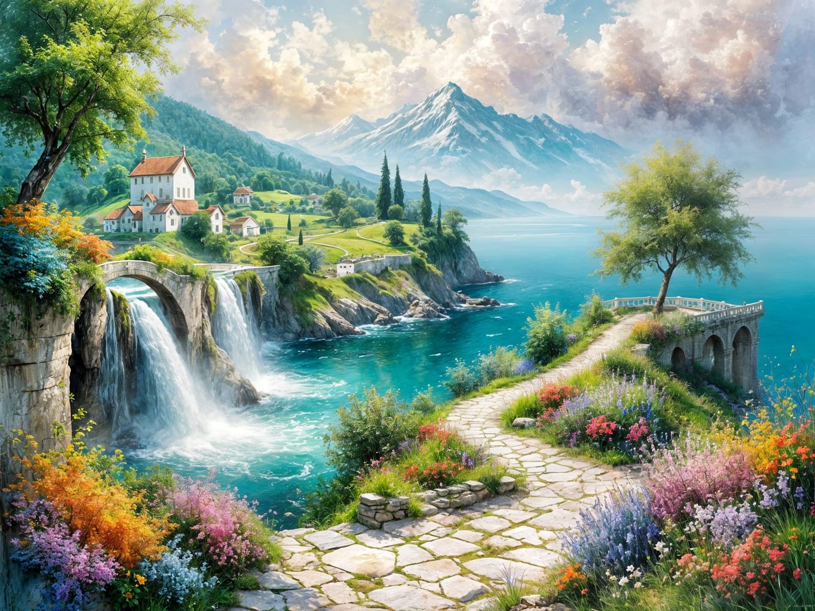Dreamscape Oil Painting of White Stone Pathway