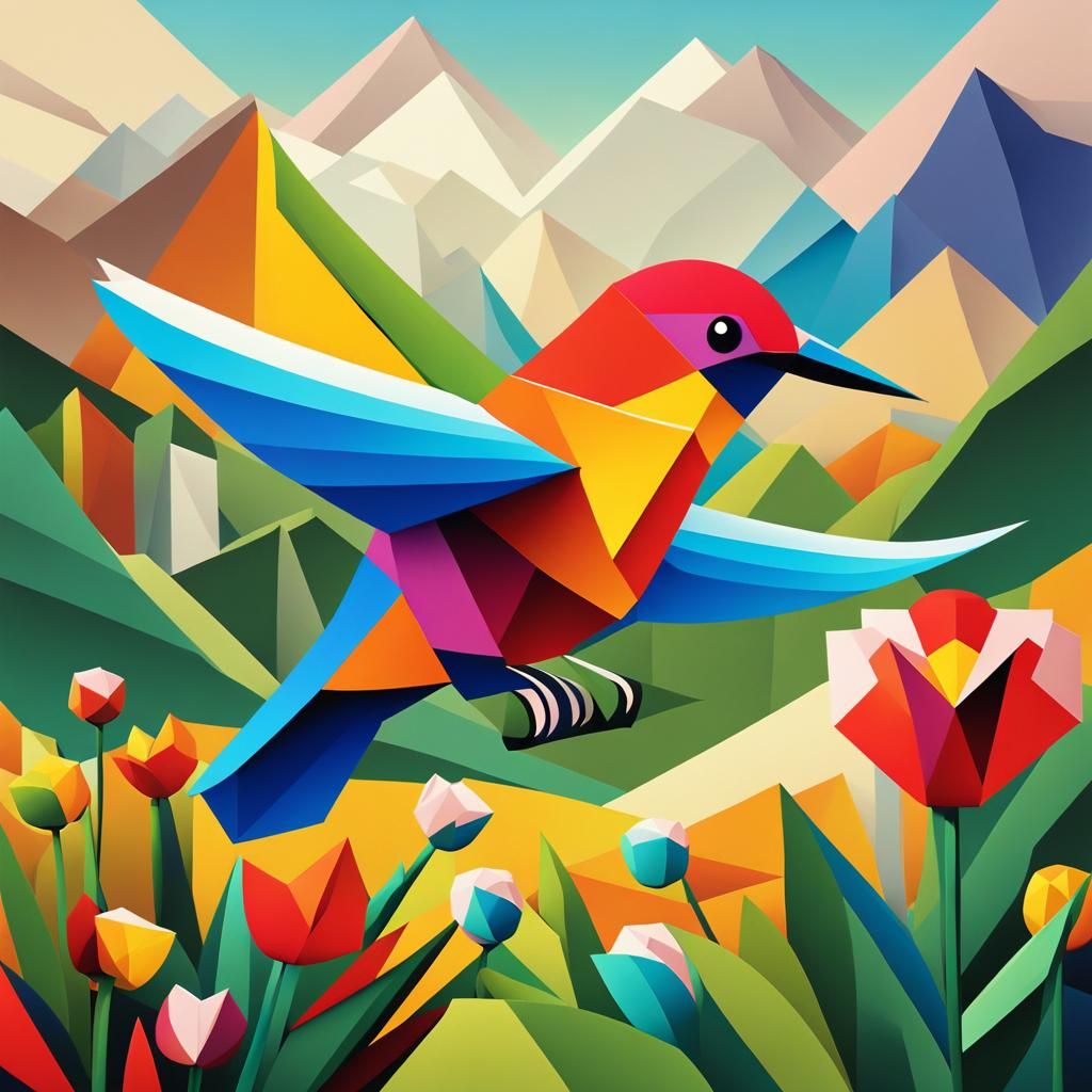 Cubist Hummingbird and Flower in Geometric Landscape