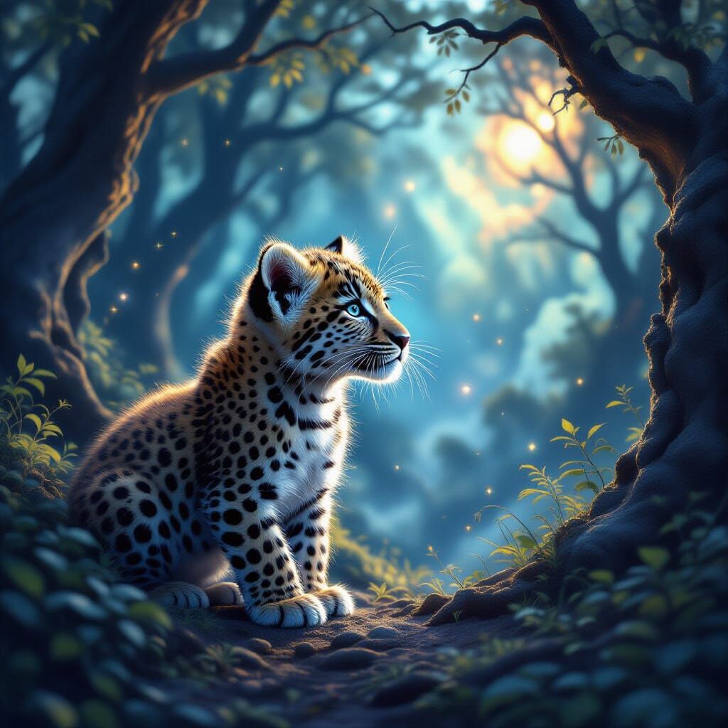 Majestic Leopard Cub in Cosmic Nebula Forest