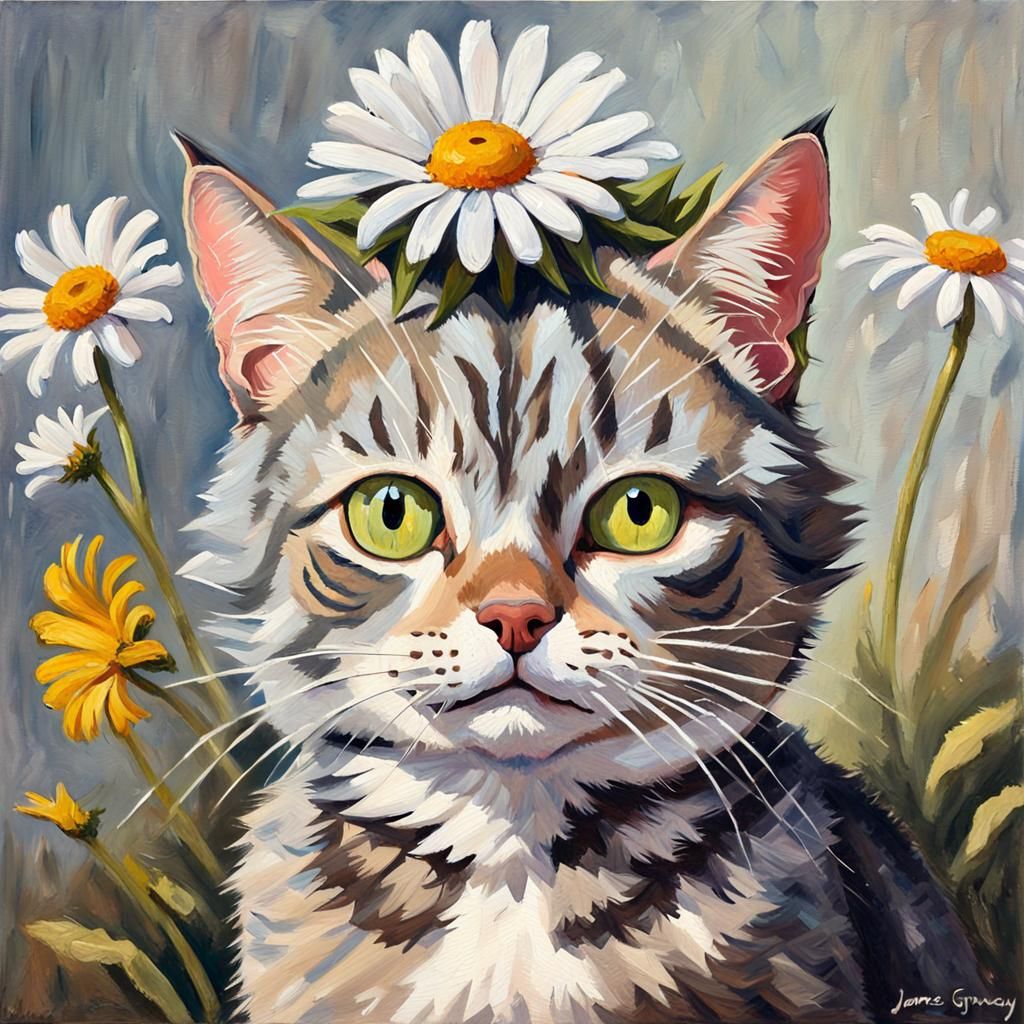 Grey Tabby Cat in Gouache Style Oil Painting