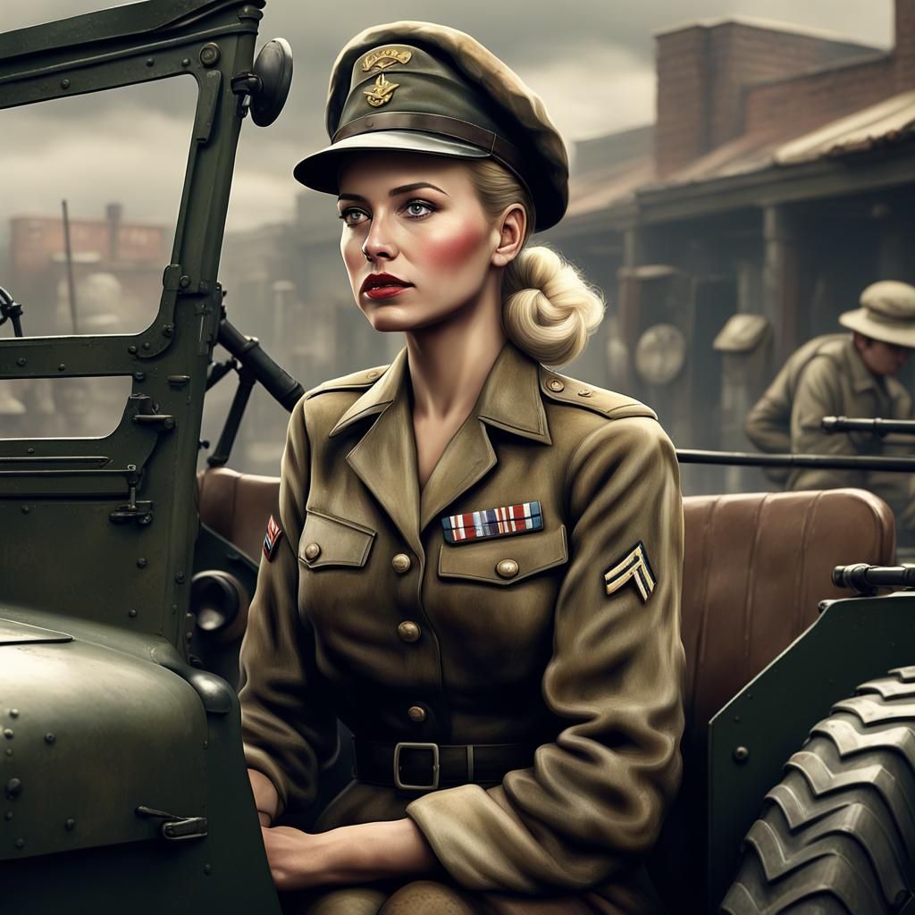 WWII Army Woman in Jeep, Photographic Style