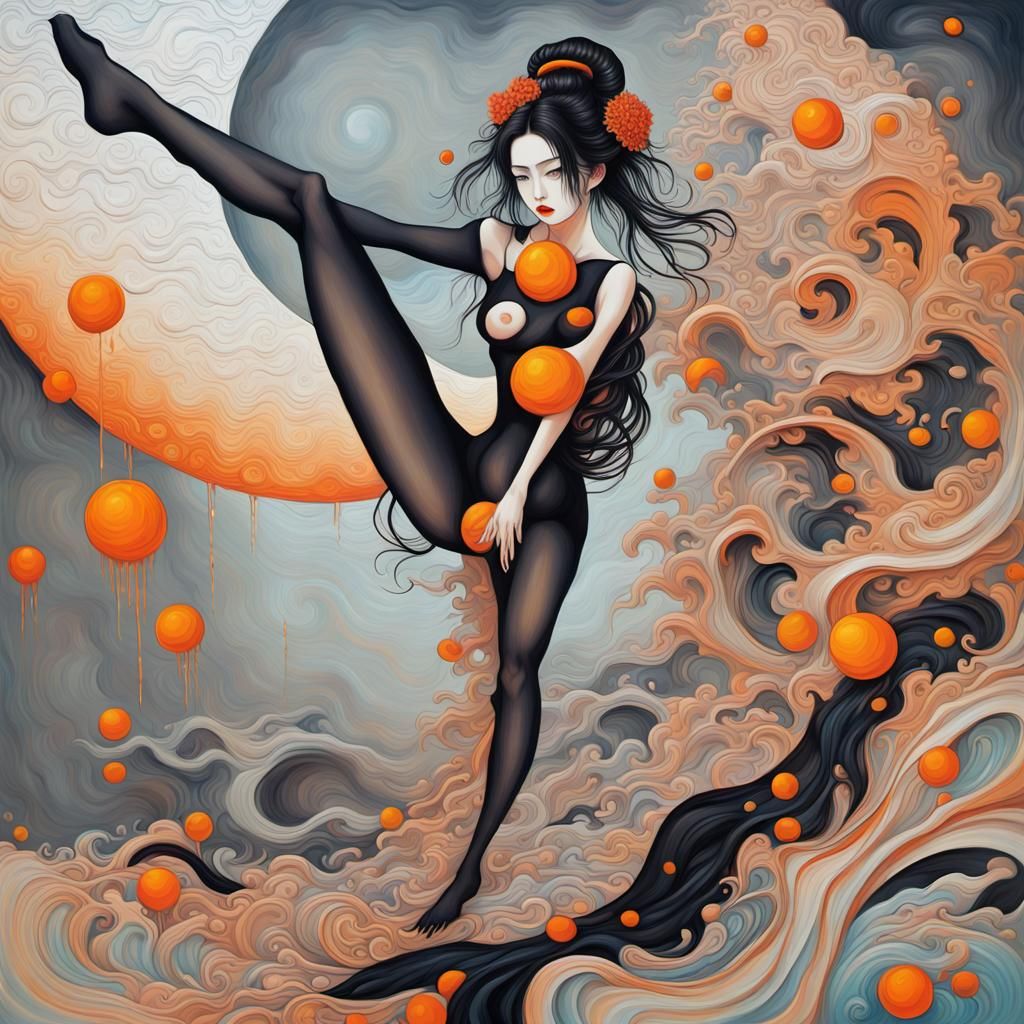 Geisha in Tokyo with Orange Moon, Expressionist Oil Painting