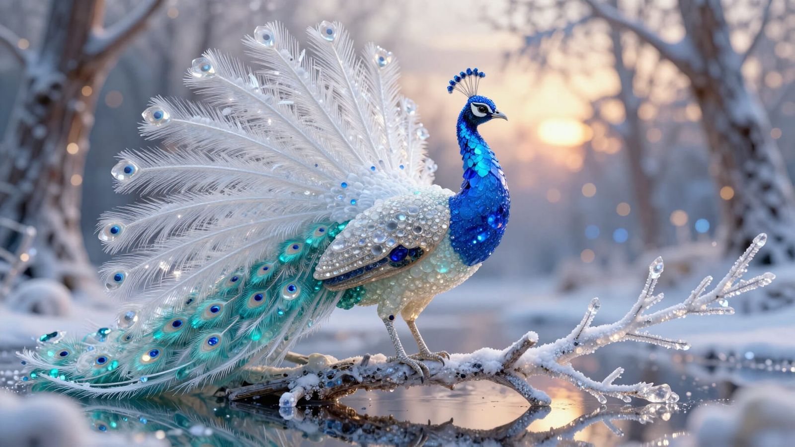 Gemstone Peacock Statue on Snowy Branch in Magic Forest
