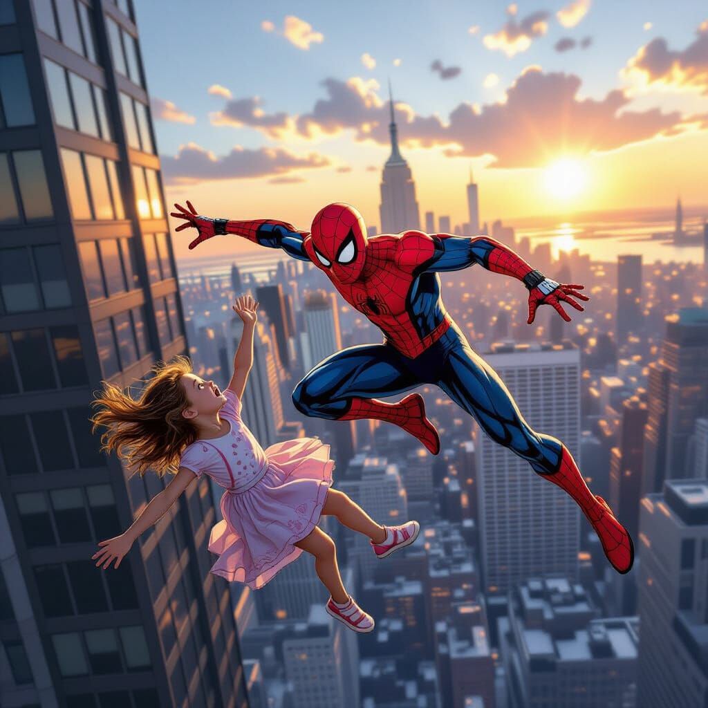 Spiderman Heroic Rescue of Falling Girl from Skyscraper