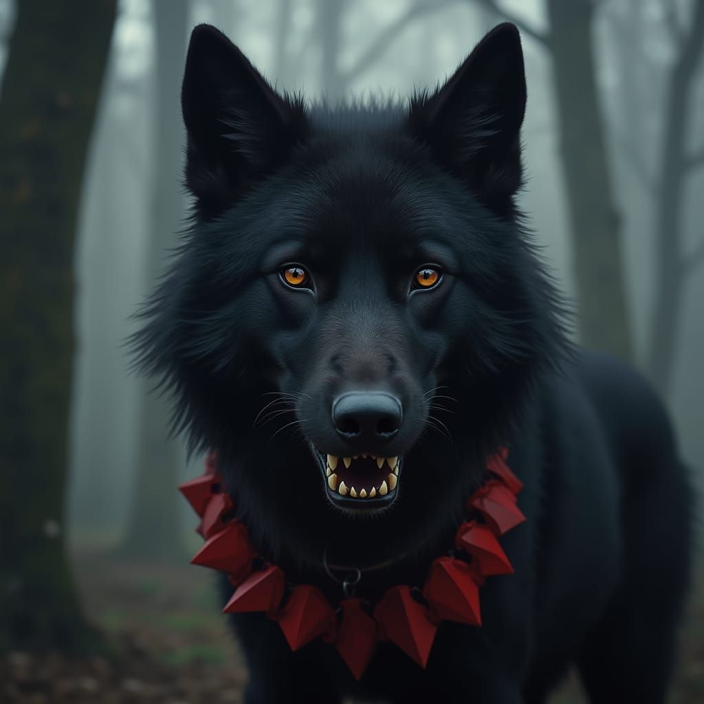 Black Wolf with Red Tooth Collar in Digital Art Style