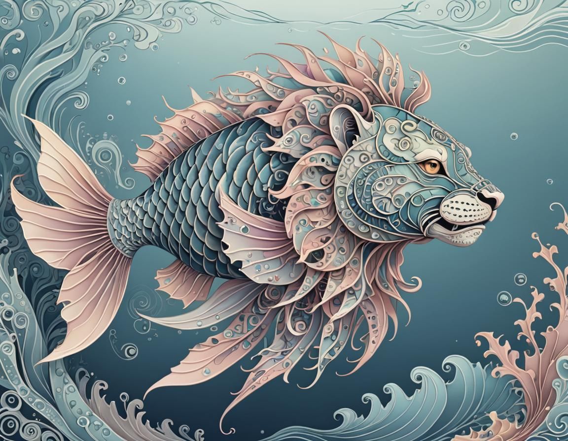 Lionfish in Ocean with Abstract Fractal Elements