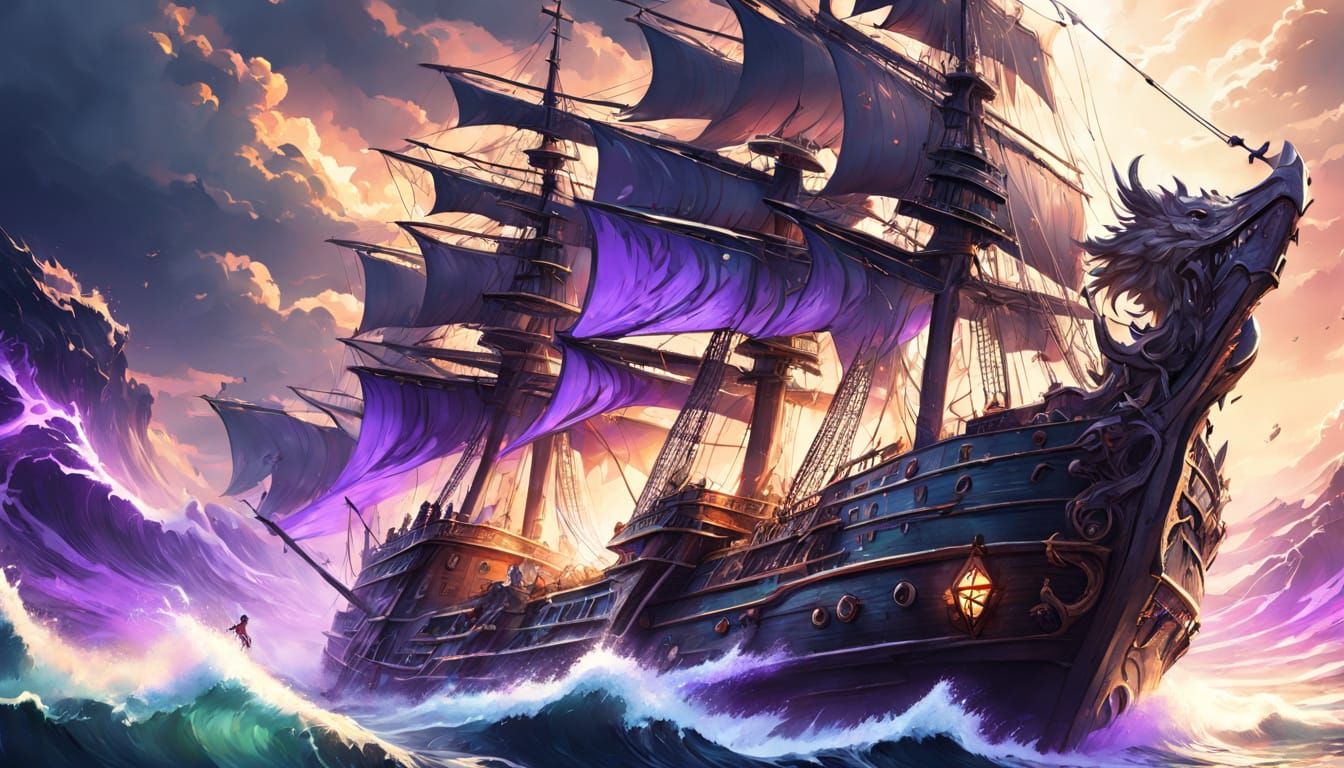 Dark Fantasy Ship Battling Stormy Sea
