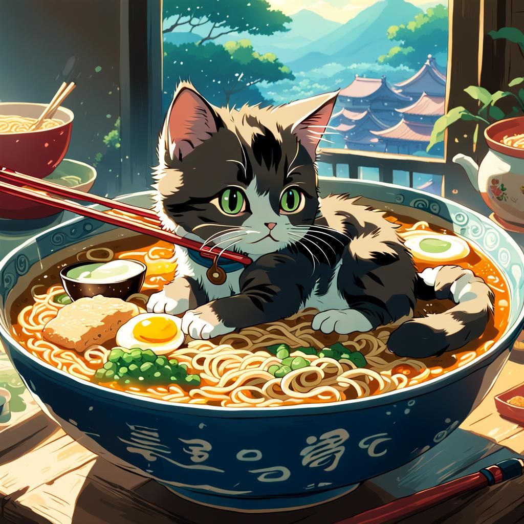 Kitten in Ramen: Studio Ghibli Anime Style