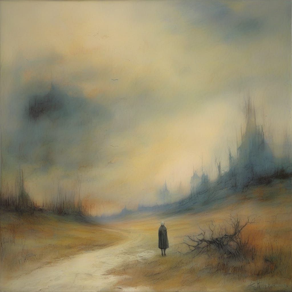 Ethereal Woman in Dreamy Pastel Mist Landscape