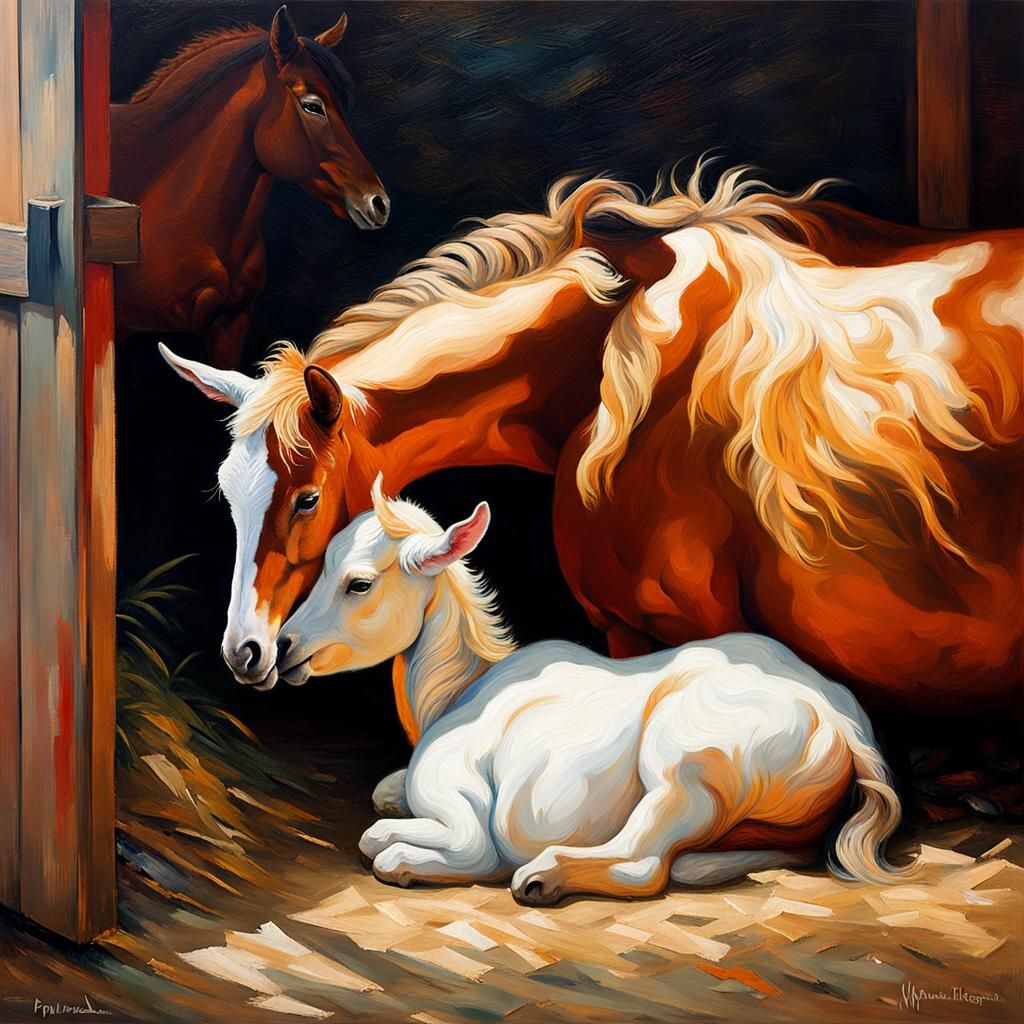 Goat and Horse Sleeping, an Impressionist Impasto Painting