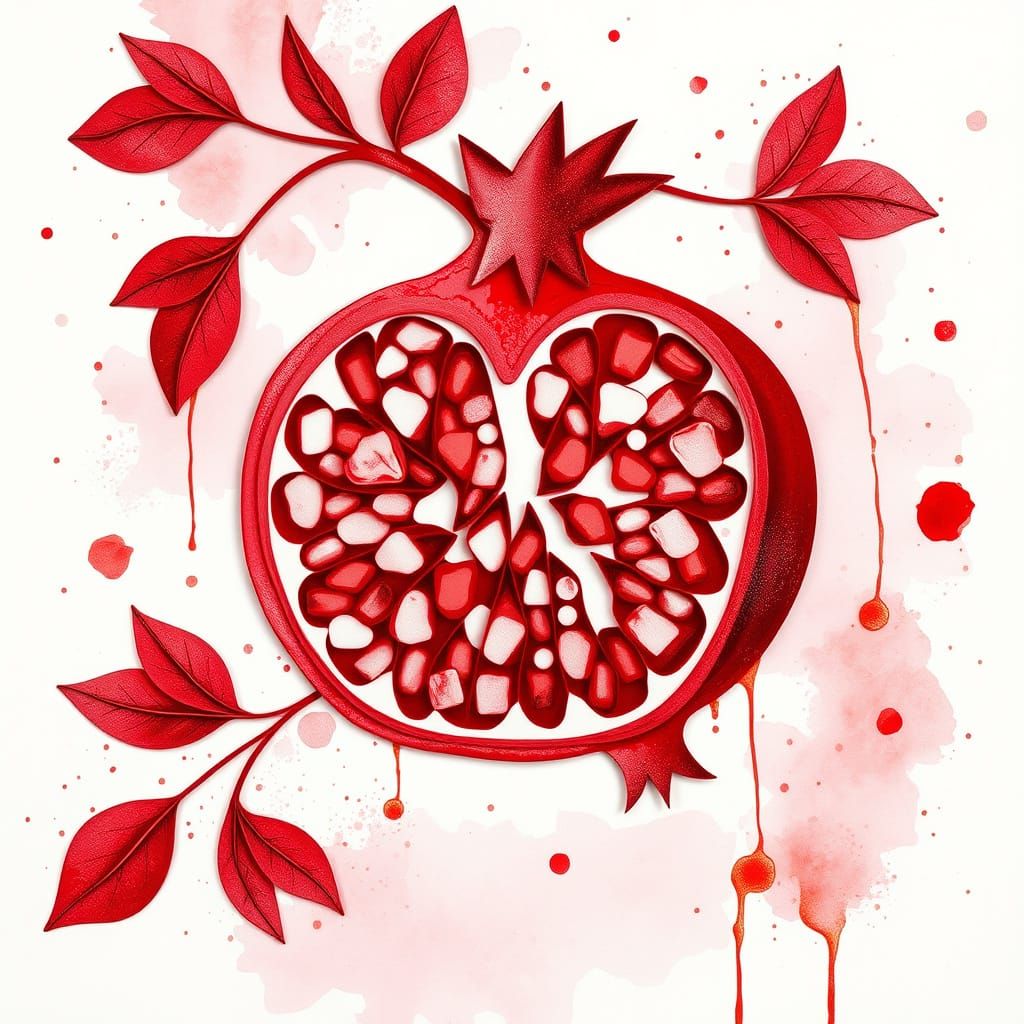 Royal Red Pomegranate Quilling Artwork in Watercolor and Ink