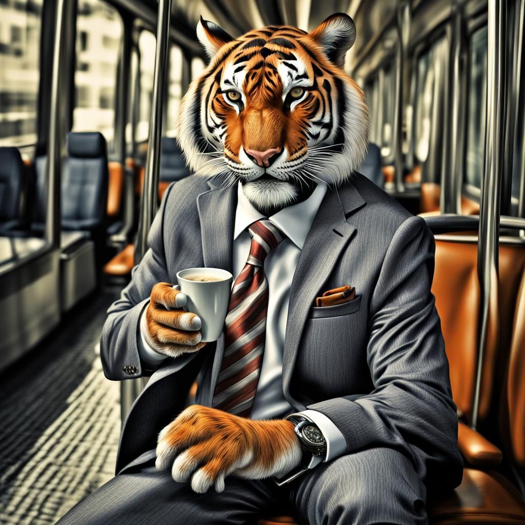 Tiger in Suit Late for Work, Hyperrealistic