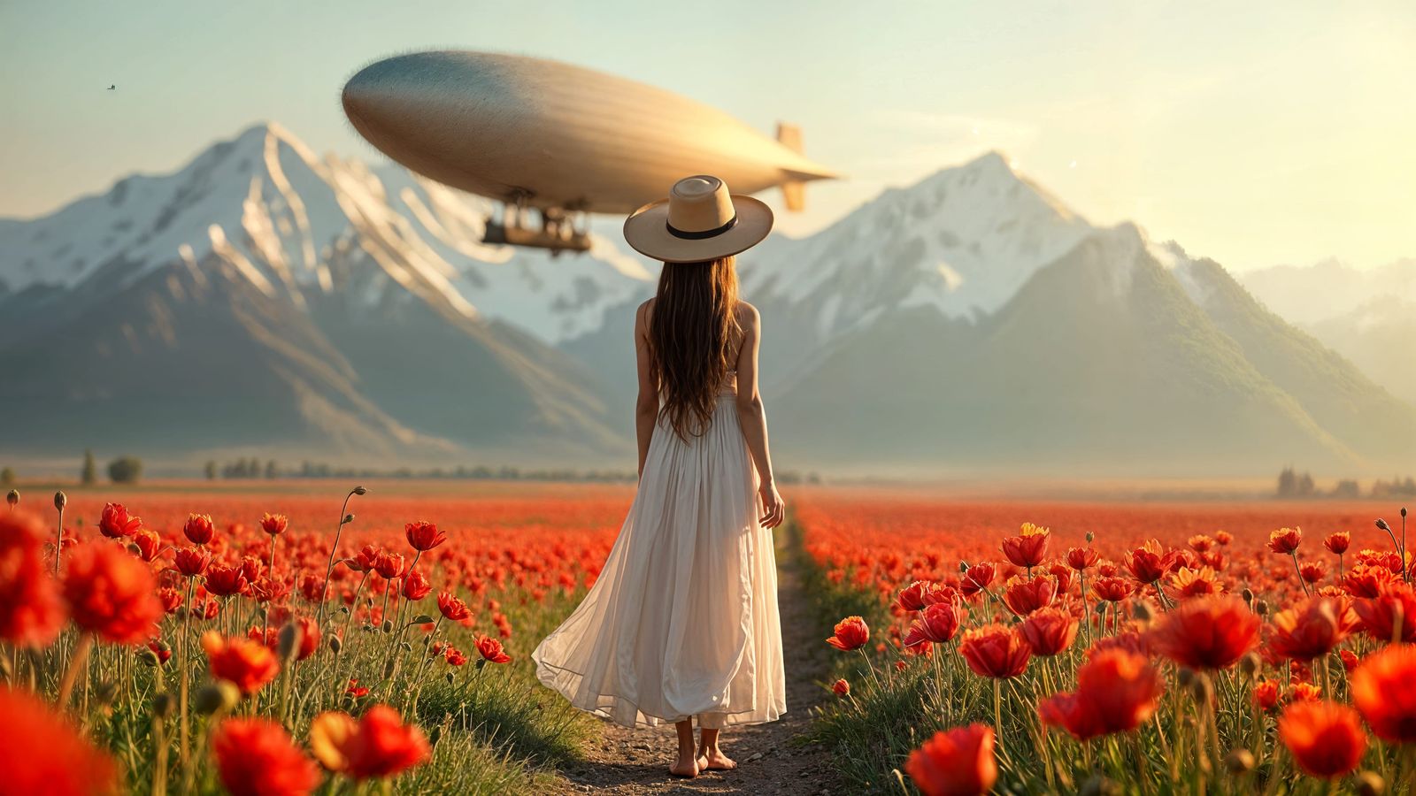 Steampunk Airship Over Poppy Field at Sunset