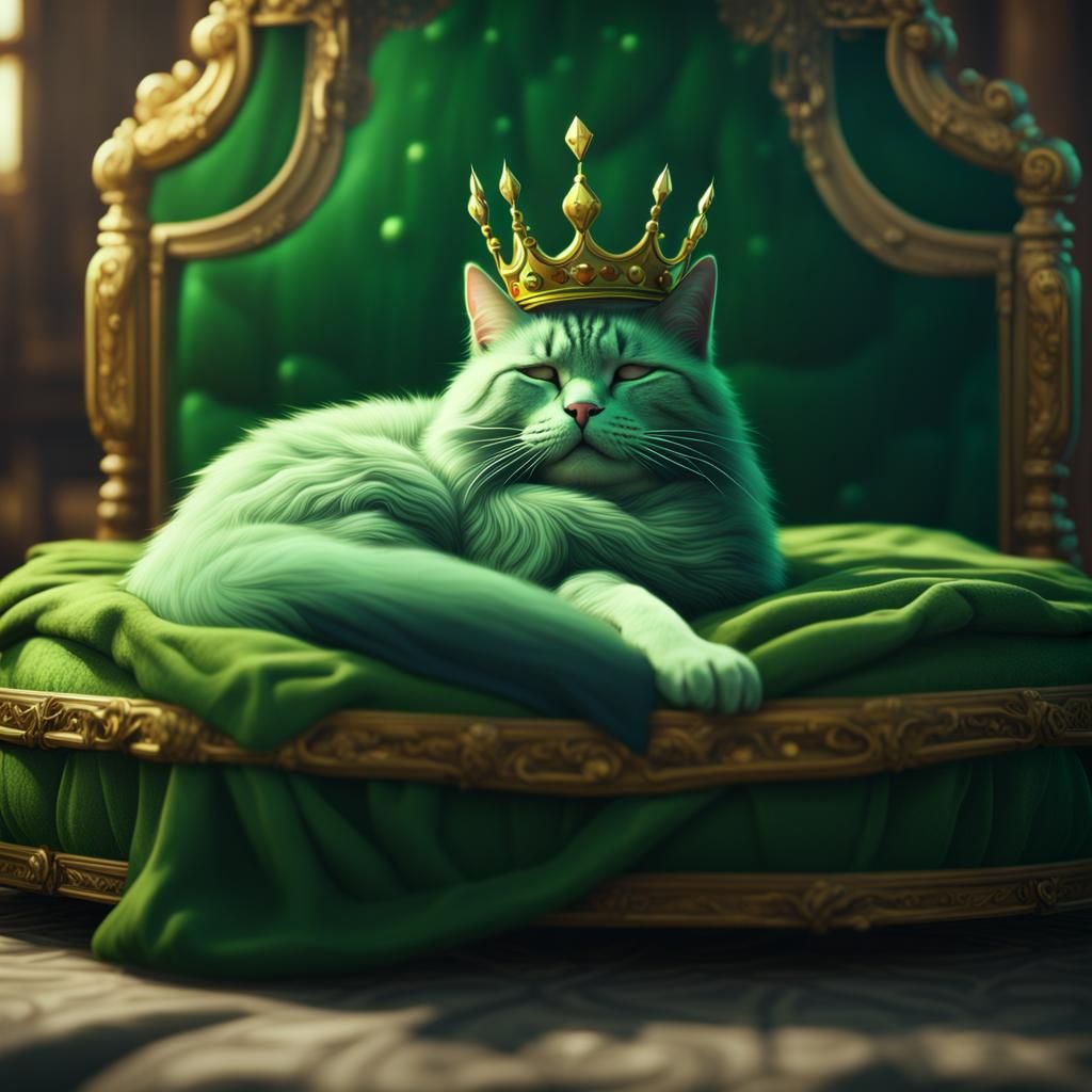 fluffy green cat sleeping on a bed wearing a crown