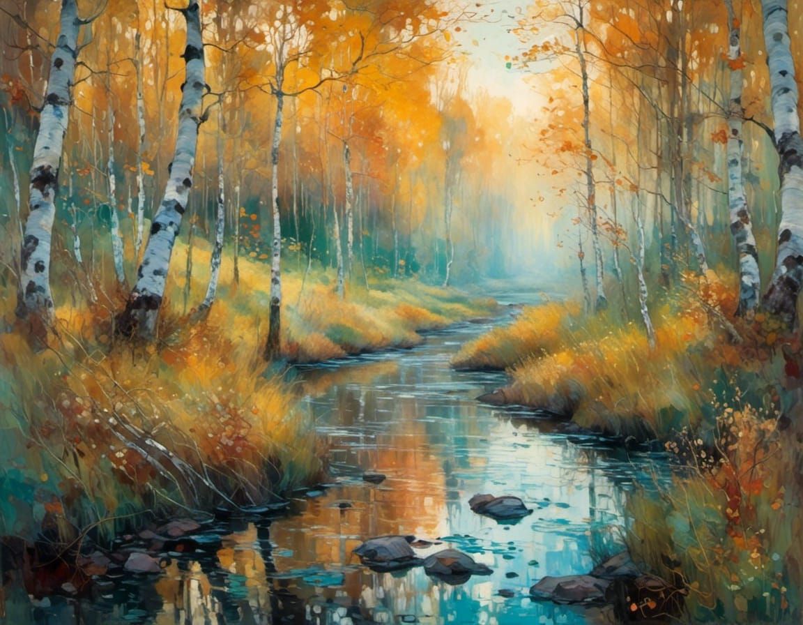 Autumnal Birch Forest Stream in Art Nouveau Style