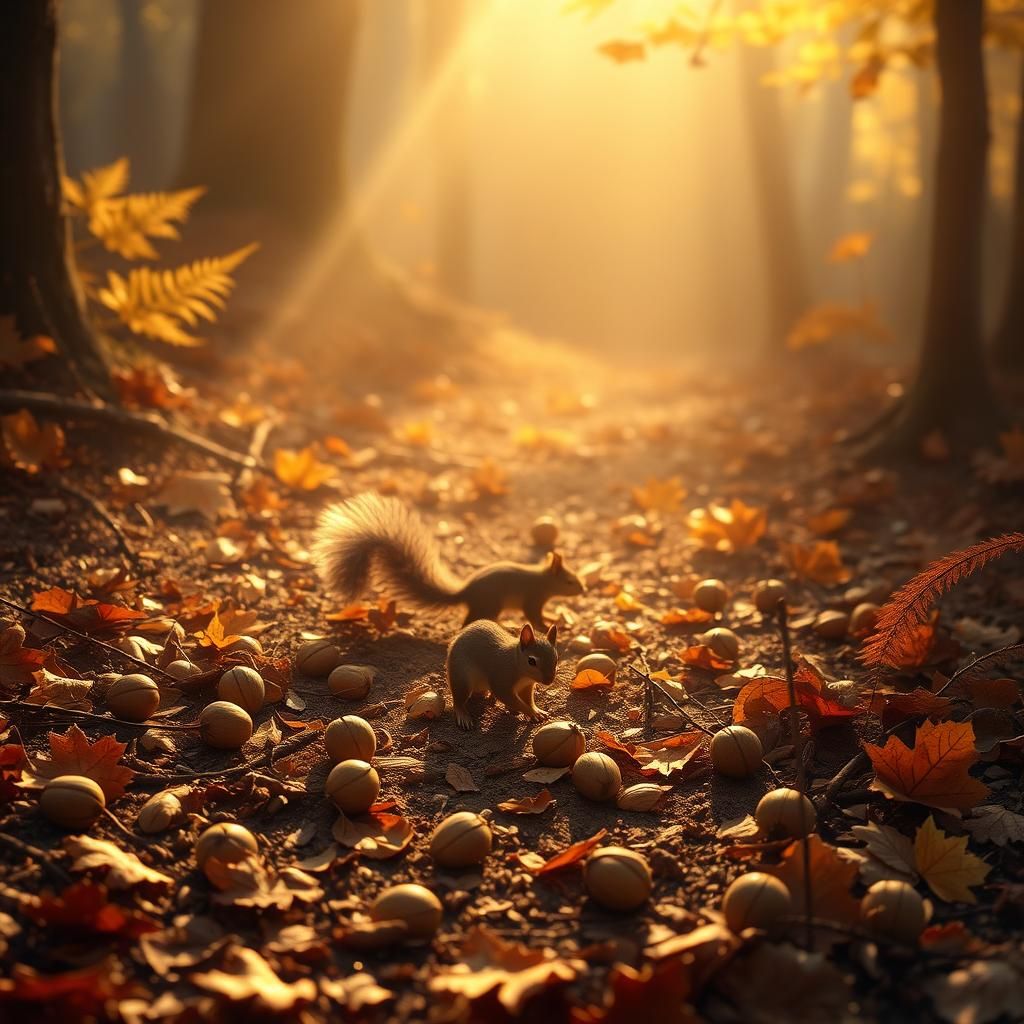 Squirrel Foraging in Autumn Forest: Digital Matte Painting