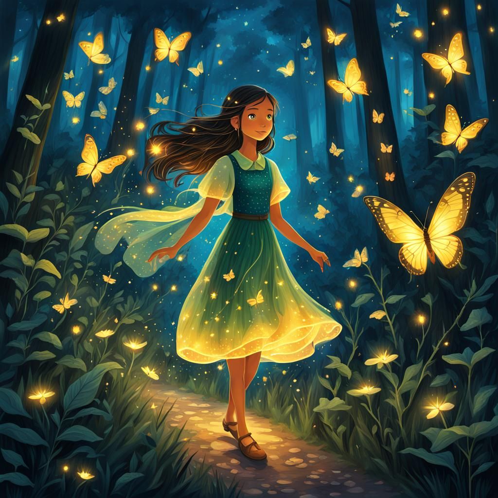 Firefly Girl in Summer Forest