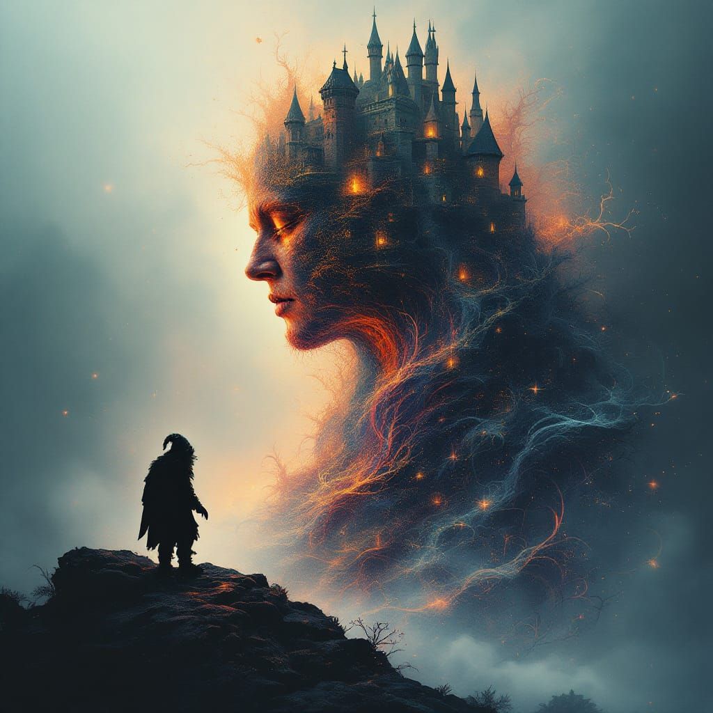 Surreal Dwarf Silhouette With Fractal Castle In Radiant Colo...