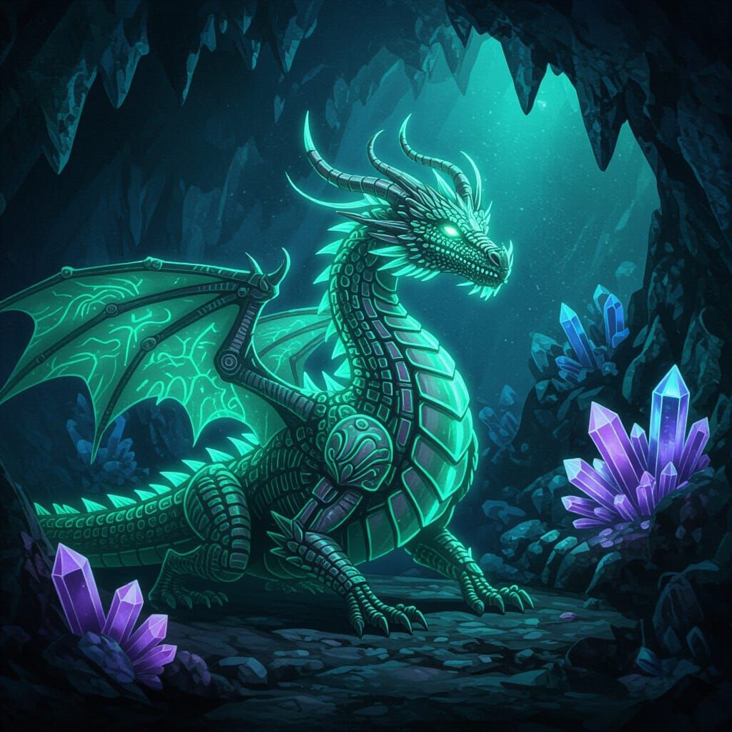 Bioluminescent Biomechanical Dragon in Gem Cave