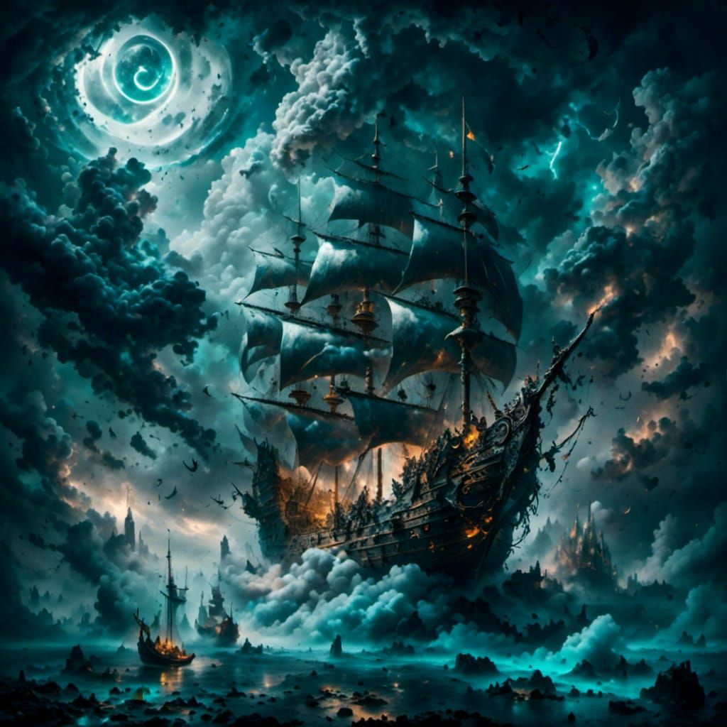 Viking Longship Sails Through Stormy Nightscape