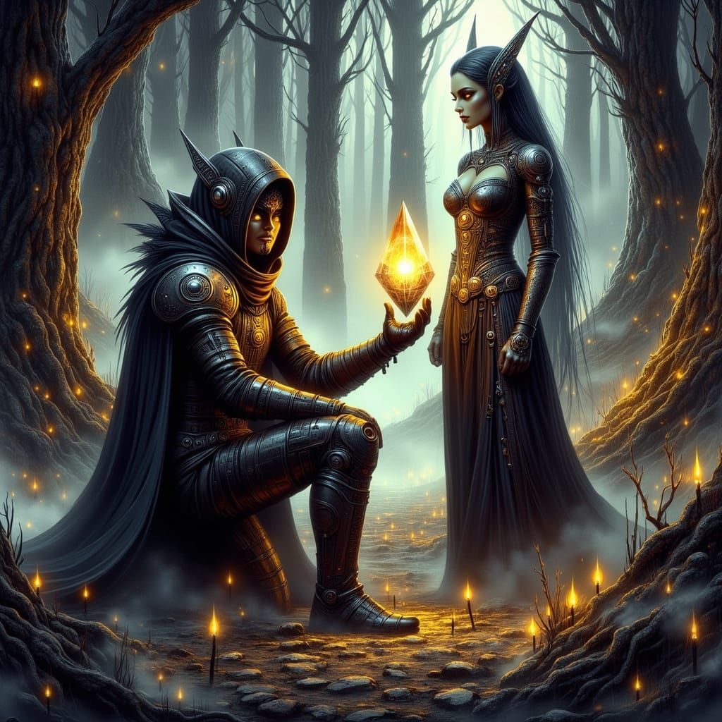 Elegant Elven Queen Offers Courage Crystal in Cyberpunk Alie...