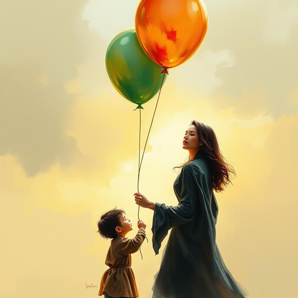 Woman and Child with Balloon: 3D Digital Painting