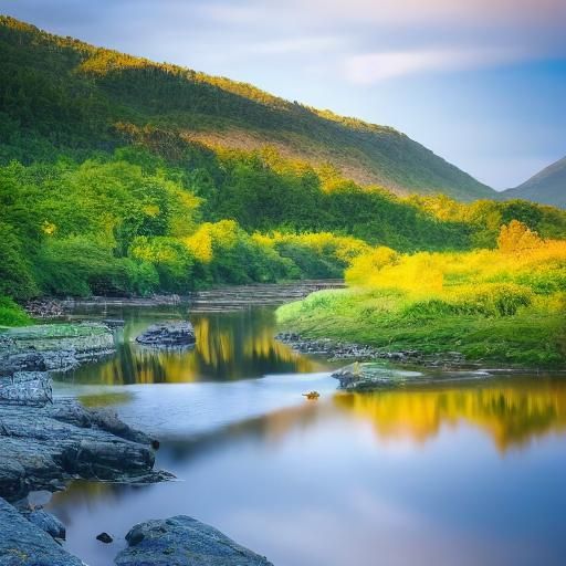 Lush River Valley in Warm Light: Panoramic View