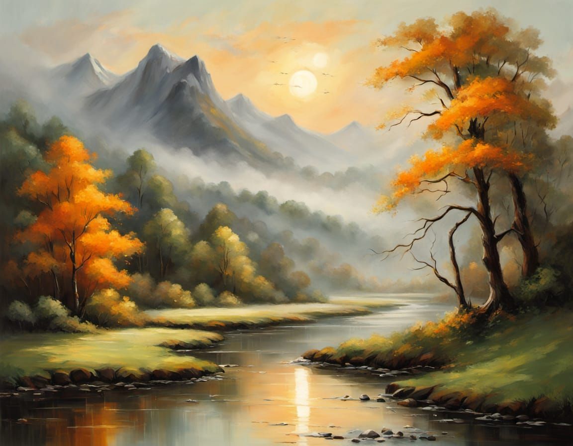 Serene Valley Oil Painting With Snow-Capped Mountains