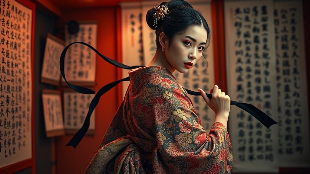 Shirtless Japanese woman, black silk ribbon , dramatic pose, ((ample chest)), Calligraphy sheets hanging in the backgrou...