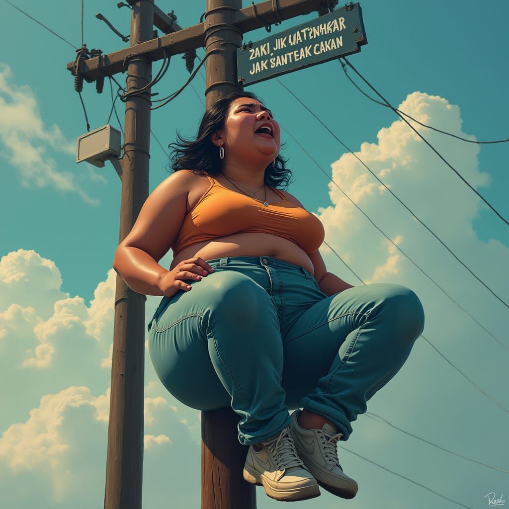Woman on High Voltage Pole in Cinematic Style