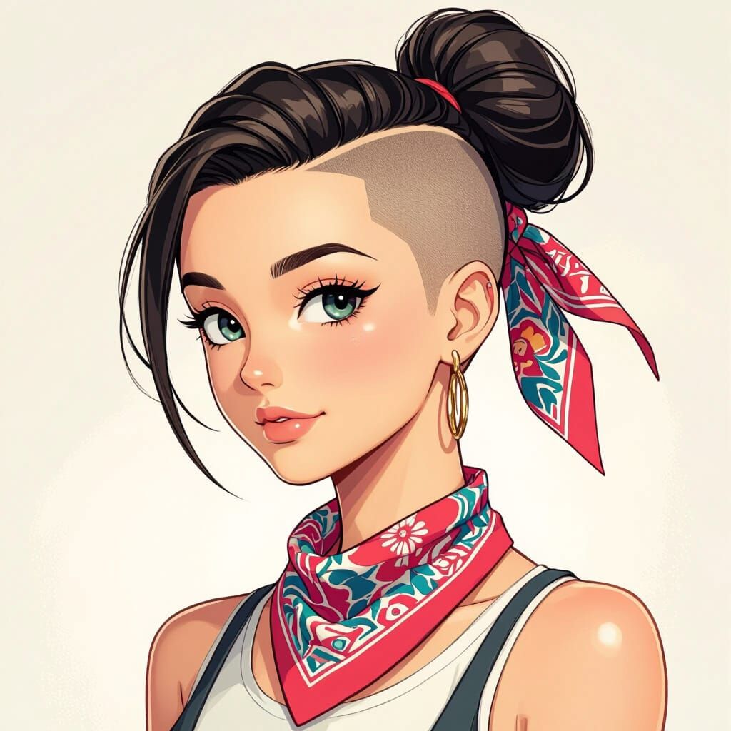 Cute Woman with High Ponytail & Shaved Undercut in Anime Sty...