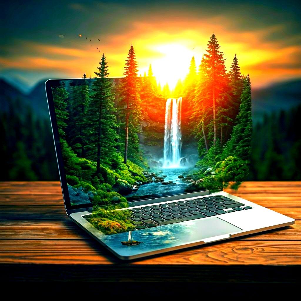 Pine Forest Blends With Laptop In Surreal Double Exposure