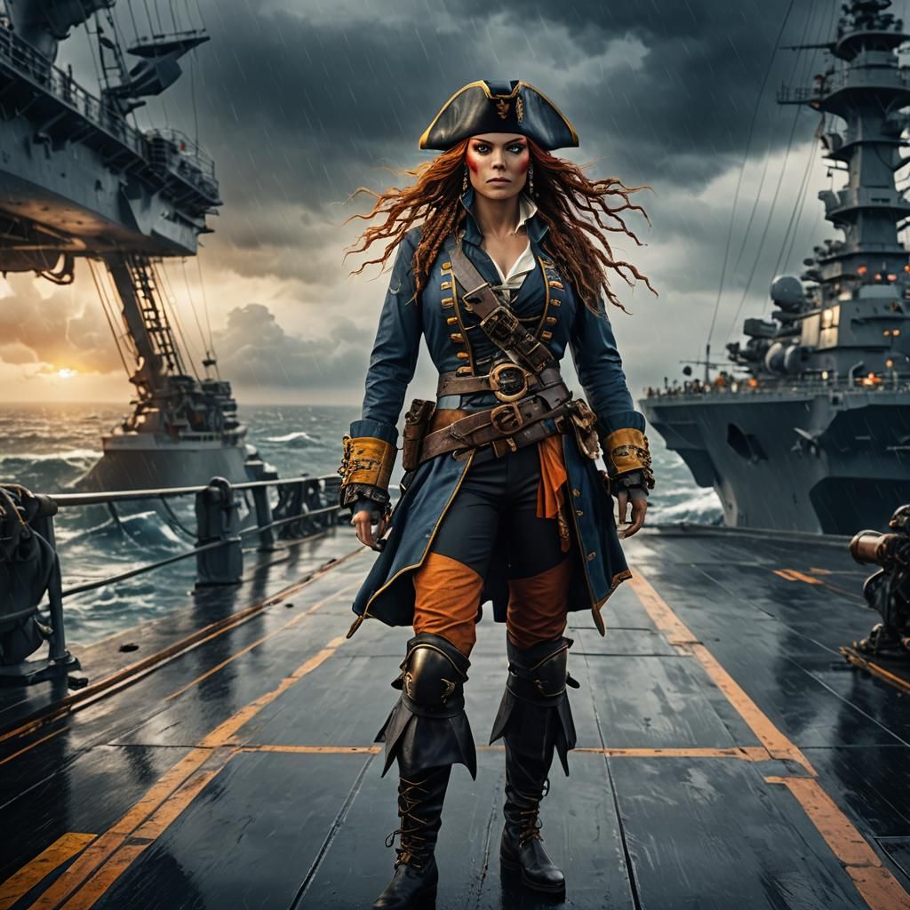 Female Pirate on Aircraft Carrier: Detailed Matte Painting