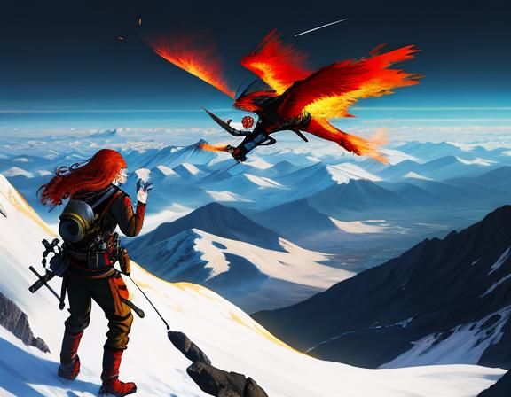 Fiery Redhead Flying Around Mountain at Midnight