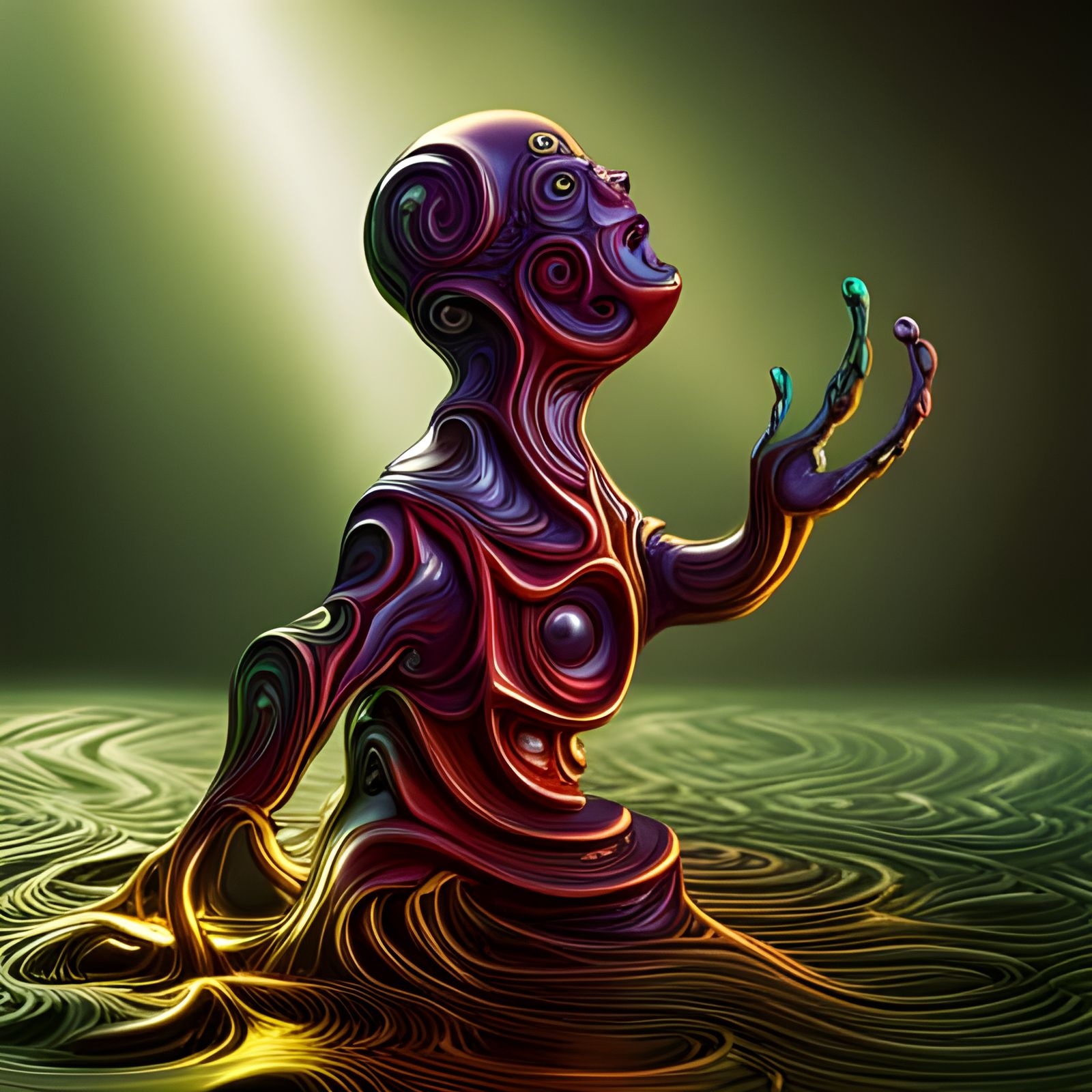 Baby Cthulhu in Psychedelic Liquid Metal Sculpture