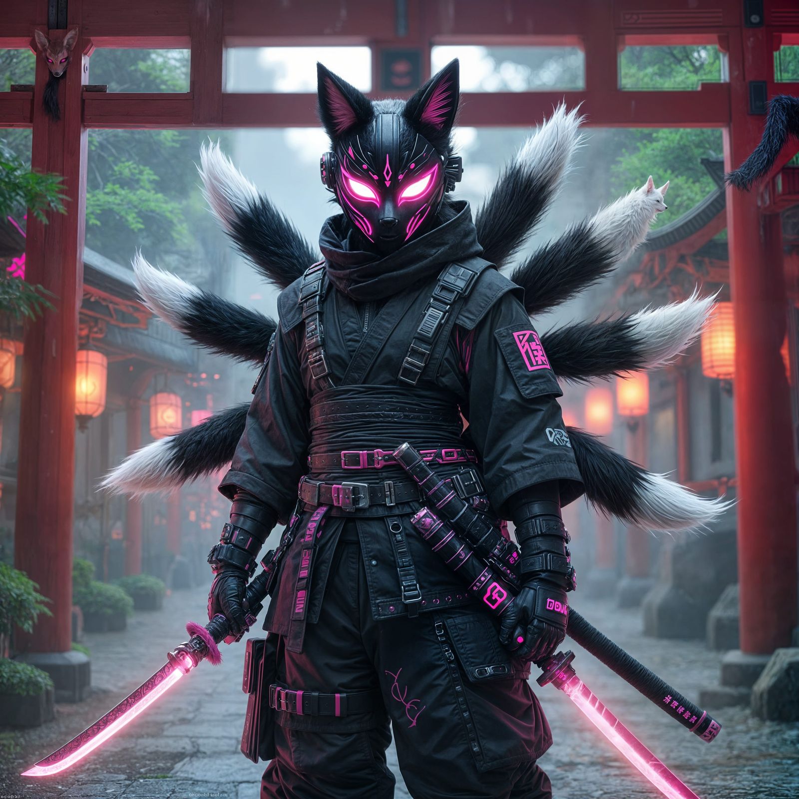Futuristic Kitsune Ninja at Inari Shrine