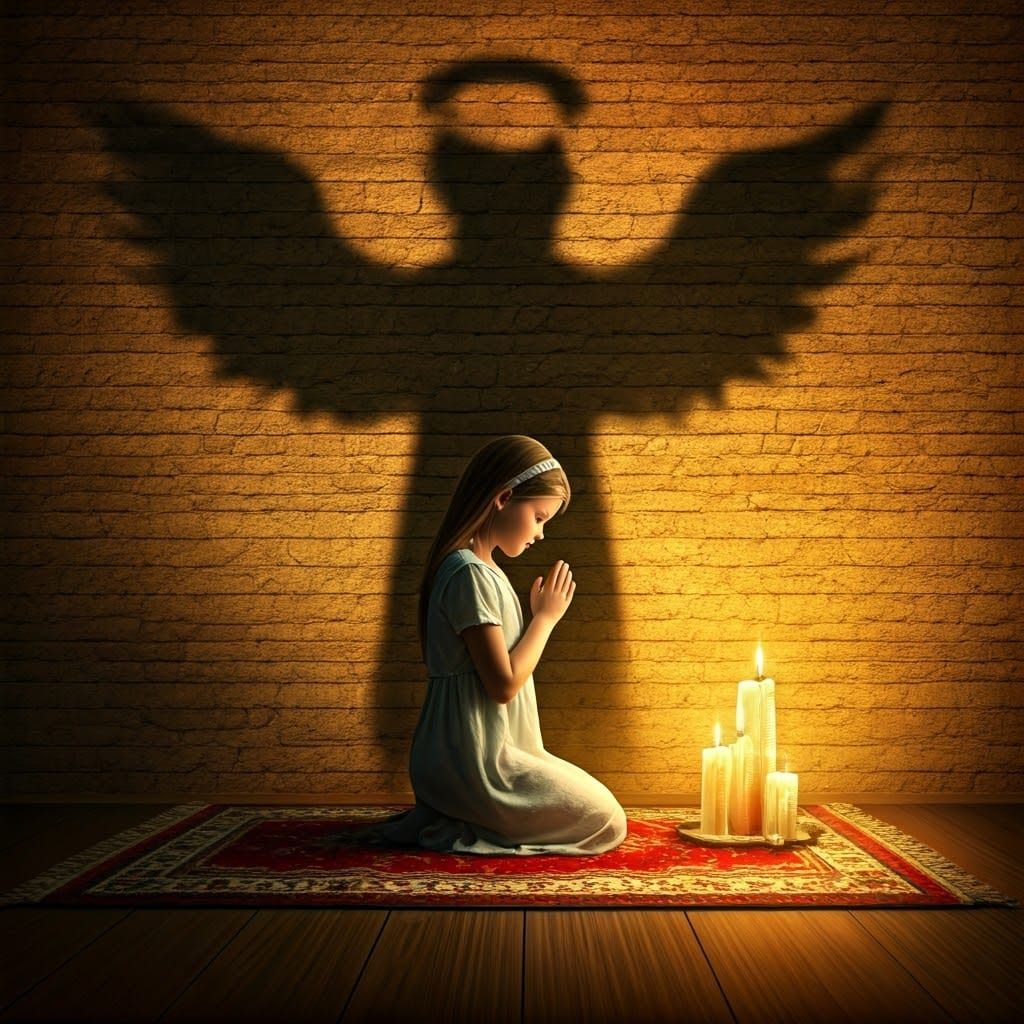 Girl in Devotion Casts Angelic Shadow on Stone Wall